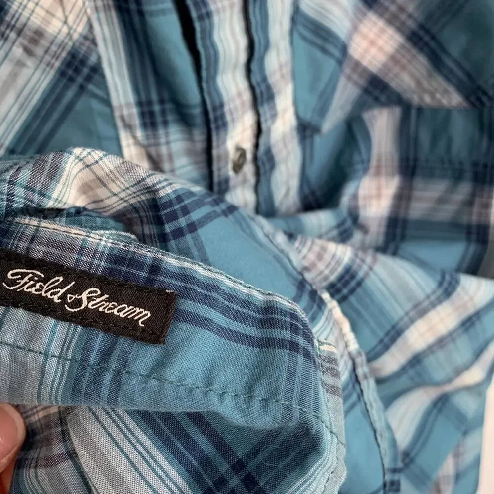 Field & Stream Mens 2XL Blue Plaid Fishing Snap Sides Shirt Button Up Short Slv - Picture 2 of 11